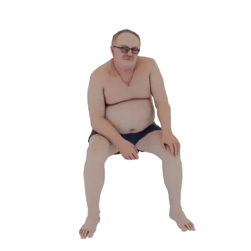 3D модель мужчины среднего возраста с очками, в плавках, сидящего в расслабленной позе.