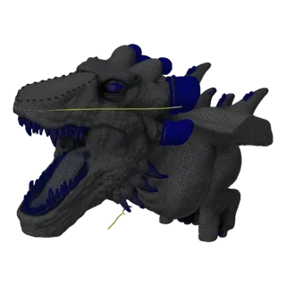 3D модель кибернетической головы динозавра с синими металлическими акцентами и желтой деталью провода, показана с открытым рт