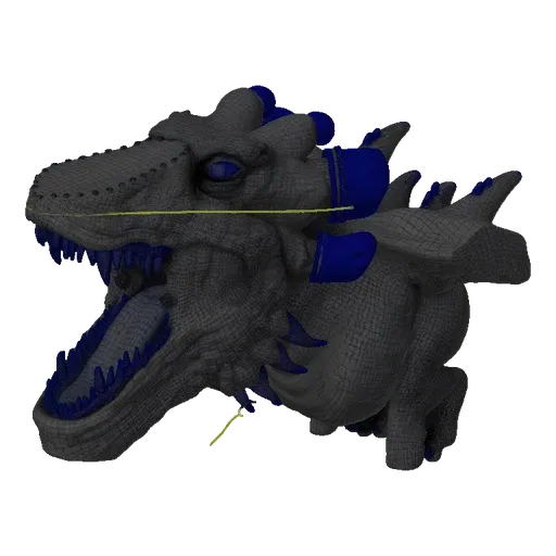 3D модель кибернетической головы динозавра с синими металлическими акцентами и желтой деталью провода, показана с открытым рт