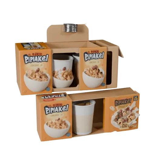 3D-модель коробки хлопьев для визуализации продукта, трехчетвертной студийный рендер продукта, показывающий картон, массу упа