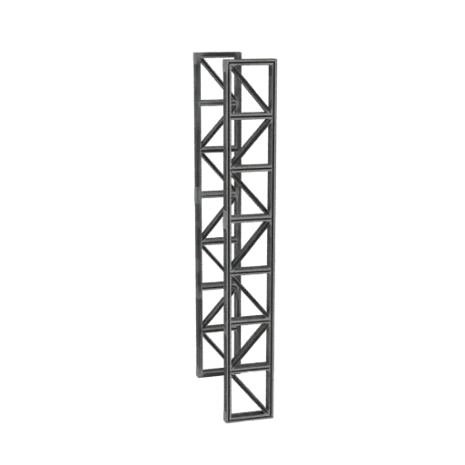 3D-модель высокой, узкой секции промышленной стальной ферменной башни с геометрической решетчатой структурой, вид сбоку.