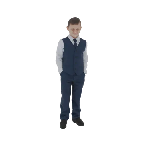 3D модель мальчика в синем костюме, стоящего с руками в карманах и легкой улыбкой.