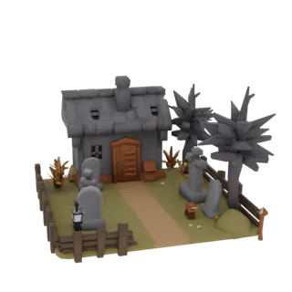 Низкополигональная, стилизованная 3D модель кладбища с небольшим домиком гробовщика, надгробиями, мертвыми деревьями и деревя