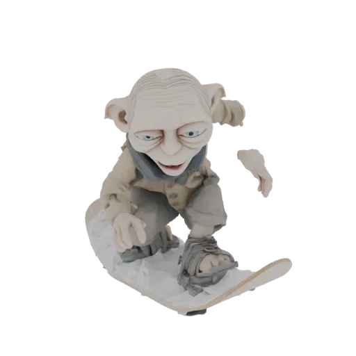 3D модель Голлума из Властелина Колец, катающегося на сноуборде по снежному склону.