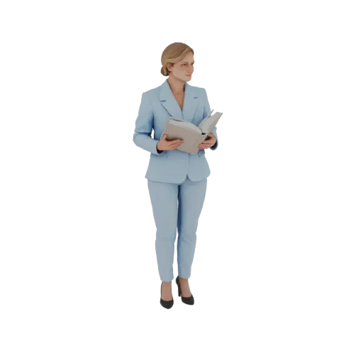3D модель деловой женщины в голубом костюме, стоящей и держащей открытую книгу, с нейтральным выражением лица.