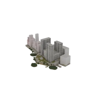 3D модель современного городского квартала с несколькими высотными зданиями и окружающими зелеными парковыми зонами, вид с не