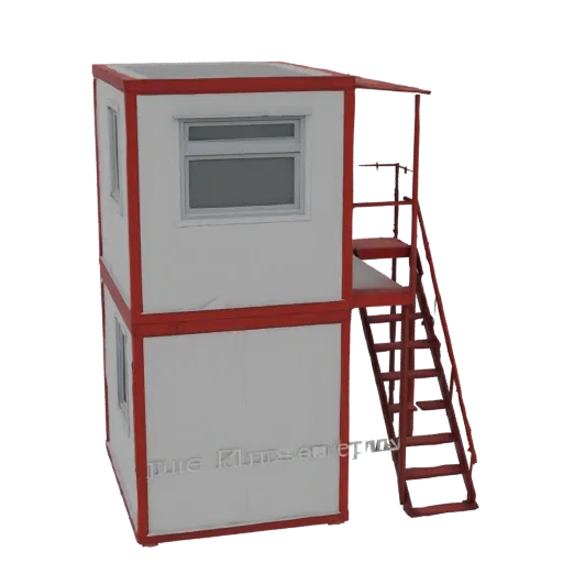 3D модель двухэтажной модульной будки охраны с белыми панелями, красной отделкой и внешней красной лестницей.