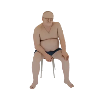 3D-модель мужчины среднего возраста в очках, в синих плавках, сидящего на белом стуле.