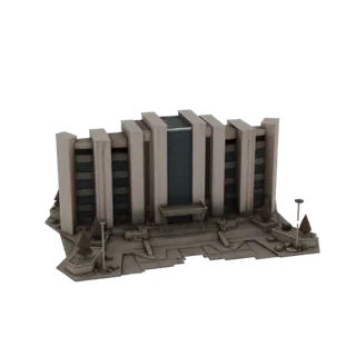 3D модель современного офисного здания с симметричным фасадом, вертикальными колоннами и центральным стеклянным входом на бел