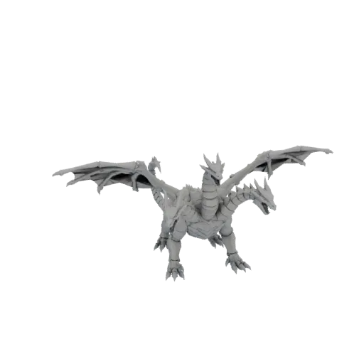 Детализированная 3D модель серого трехголового дракона с расправленными крыльями на черном фоне.