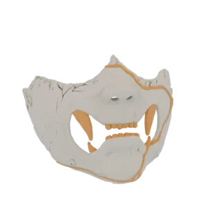 3D модель трещиноватой белой маски Они с острыми оранжевыми клыками и золотой отделкой на белом фоне.