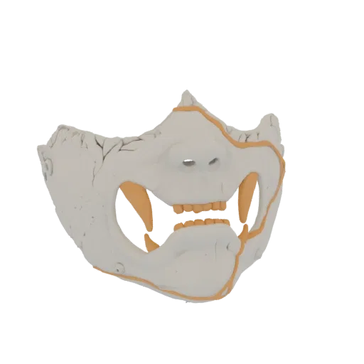 3D модель трещиноватой белой маски Они с острыми оранжевыми клыками и золотой отделкой на белом фоне.