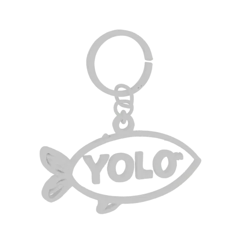 3D модель брелка в виде контура рыбы с надписью YOLO