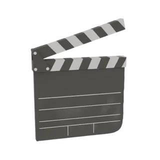 3D модель классической хлопушки для кино с открытой верхней секцией, показывающей полосатые маркеры.