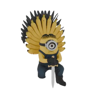 3D model of a Minion character dressed as a king, wearing a crown made of bananas and holding a sword.