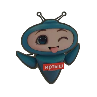 3D рендер милого робота в синем костюме, подмигивающего с высунутым языком, с красным значком на груди.