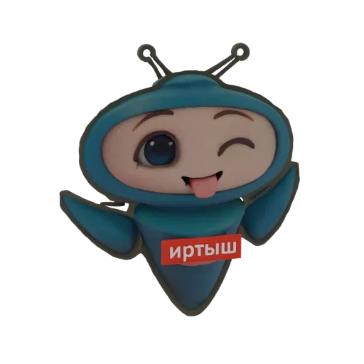 3D рендер милого робота в синем костюме, подмигивающего с высунутым языком, с красным значком на груди.