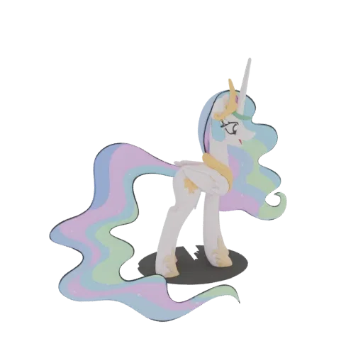 3D модель Принцессы Селестии из My Little Pony, гордо стоящей с развевающейся радужной гривой и хвостом.