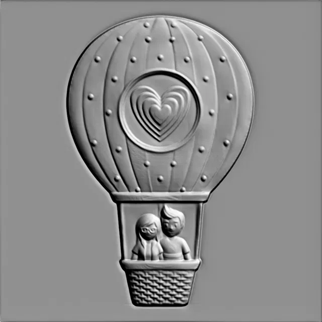 3D модель барельефа воздушного шара с парой в корзине и сердцем на оболочке