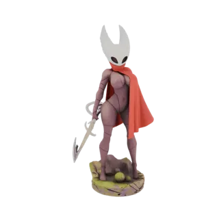 3D модель Шершня из Hollow Knight, женского инсектоидного воина с белой маской, красным плащом и иглой, стоящая на каменном о