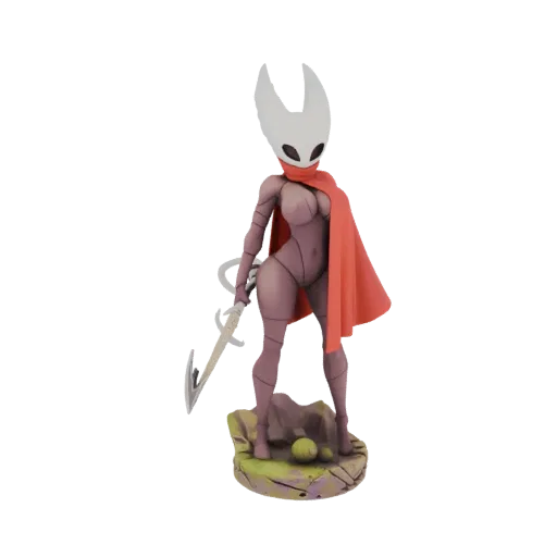 3D модель Шершня из Hollow Knight, женского инсектоидного воина с белой маской, красным плащом и иглой, стоящая на каменном о