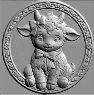 3D модель милого барашка с бантом в стиле барельефа, сидящего в круглой рамке с цветами