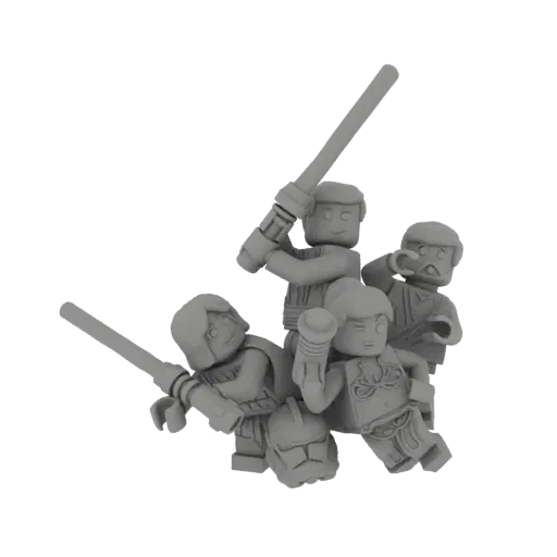 3D модель группы минифигурок LEGO Star Wars, включая Люка Скайуокера, принцессу Лею и других, в героической позе со световыми