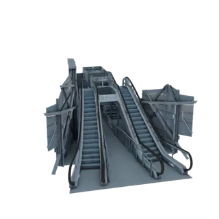 3D модель футуристического хаба эскалаторов с несколькими уровнями и элегантными индустриальными элементами дизайна.