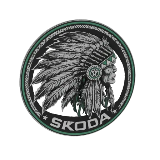 Рендер 3D модели эмблемы Skoda Indian Chief, показывающий индейского вождя в головном уборе из перьев и текст 'SKODA'.