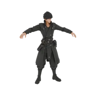 3D модель молодого охотника на демонов в T-pose, в черном длинном пальто и тактическом костюме, с катаной на поясе.