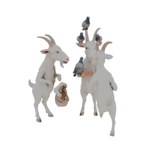 3D модель трех причудливых белых коз, взаимодействующих с несколькими голубями, одна коза несет сумку.