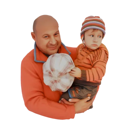 Рендер 3D модели улыбающегося отца, держащего маленького ребенка, оба в шляпах, на белом фоне.