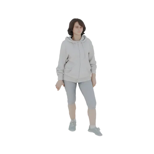 3D модель молодой женщины в непринужденной позе, одетой в светло-серое худи и серые капри.