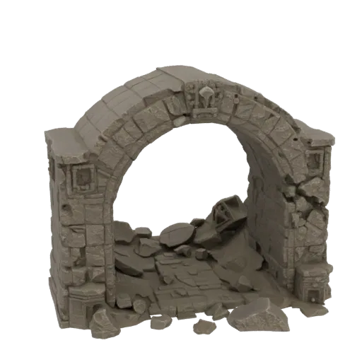 Печатаемая 3D модель фэнтезийного входа в подземелье, изометрический рендер STL для настольных игр, показывающий состаренный
