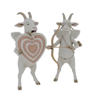 3D модель двух козлов-купидонов, один с повязкой на глазах с луком и стрелами, другой держит щит-сердце, на белом фоне.