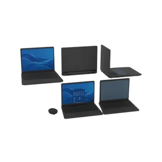 3D рендер кластера современных ноутбуков, некоторые открыты с светящимися синими экранами, отображающими абстрактные обои, ра