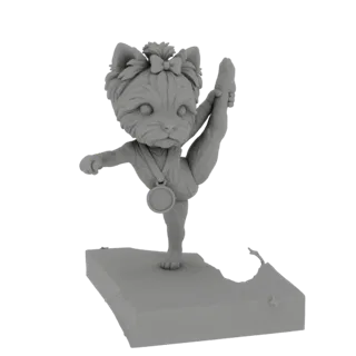 3D модель серого йоркширского терьера в гимнастическом шпагате, с медалью, на подставке.