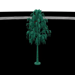 3D рендер стилизованного бирюзового дерева с тонким стволом и пышной кроной, усыпанной красными ягодами, на черном фоне.