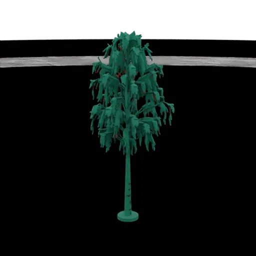3D рендер стилизованного бирюзового дерева с тонким стволом и пышной кроной, усыпанной красными ягодами, на черном фоне.