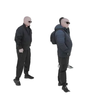 3D модель лысого мужчины в черной стеганой куртке и темных солнцезащитных очках, стоящего с руками в карманах.