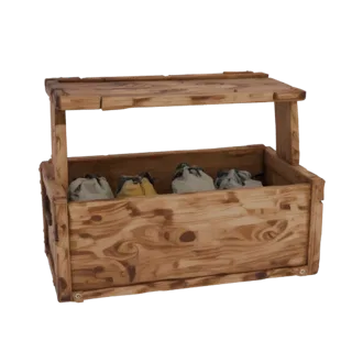 3D модель деревянного ящика с четырьмя мешочками внутри, вид спереди