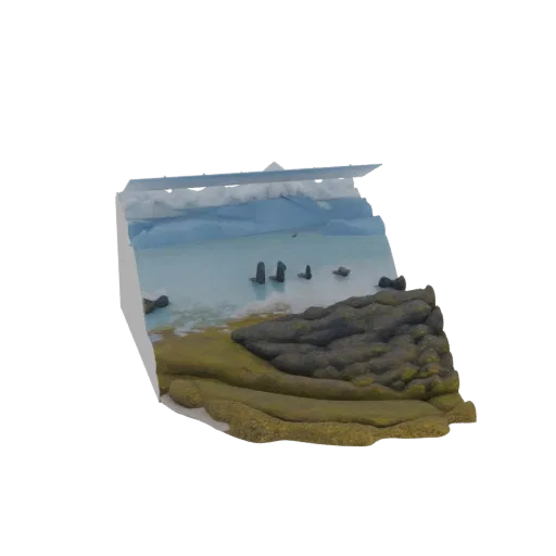 3D диорама "Три Брата" в Исландии, показывающая морские скалы, скалистый берег и ледяную воду.