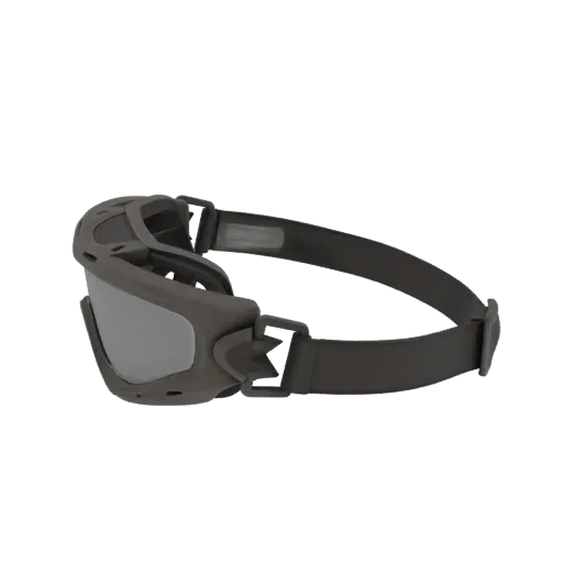 Вид сбоку 3D модели темно-серых тактических очков с зеркальными линзами и регулируемым ремешком.