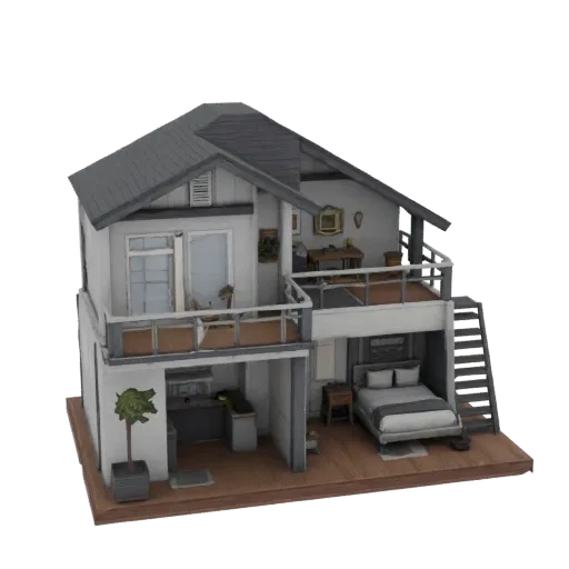 3D модель современного двухэтажного дома с балконом, кухней и спальней, вид сбоку