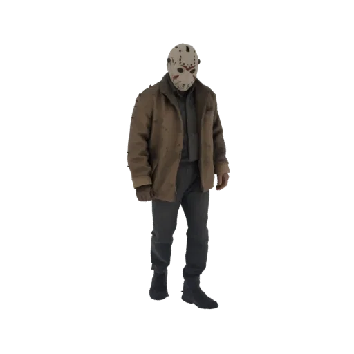 3D модель ужасного антагониста в хоккейной маске и коричневой куртке, стоящего на белом фоне.