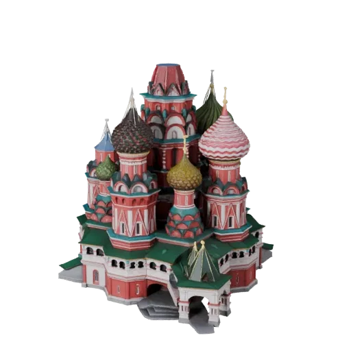 Реалистичная 3D модель Собора Василия Блаженного, вид с трех четвертей снаружи, показывающий материалы структуры достопримеча