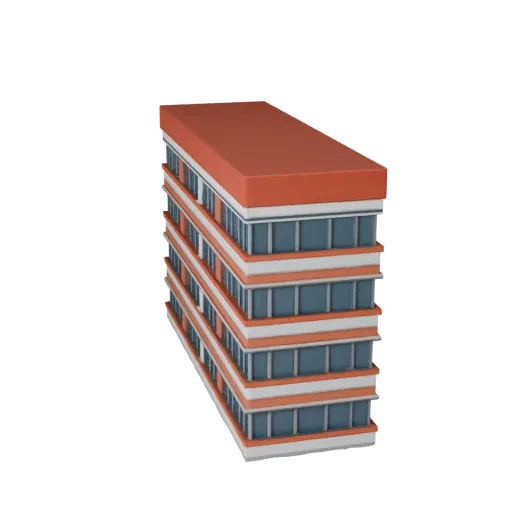 Низкополигональная 3D модель фасада офиса, готовая для игры, вид снаружи, показывающий материалы фасада здания и архитектурны