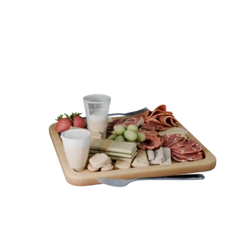 Высокополигональная 3D-модель доски для пикника с закусками, студийный рендер крупным планом, показывающий керамику, сервиров