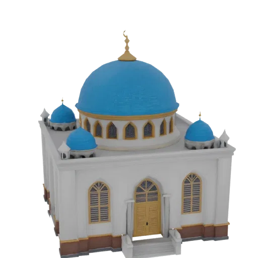 3D модель мечети с синими куполами и золотыми элементами, на белом фоне