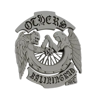 3D model of a gothic biker emblem with an angel and demon arm wrestling, text 'OTHERS' and 'KALININGRAD MC'